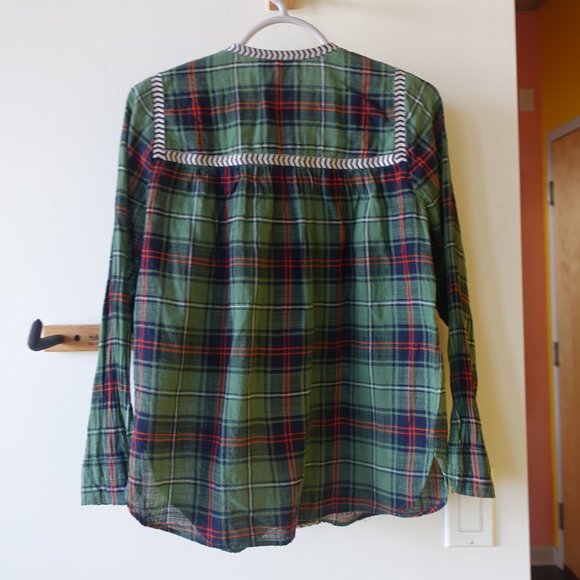 J. Crew 07599 Green Holiday Tartan Plaid Embroidered Popover V Neck Blouse 0 - Picture 13 of 14